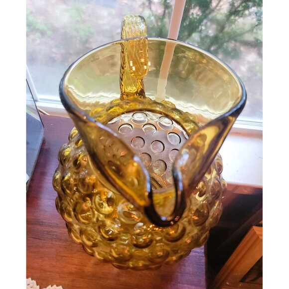 VTG Amber Glass Hobnail Pitcher wide belly applied handle hand blown 8.25" H MCM - Picture 7 of 16